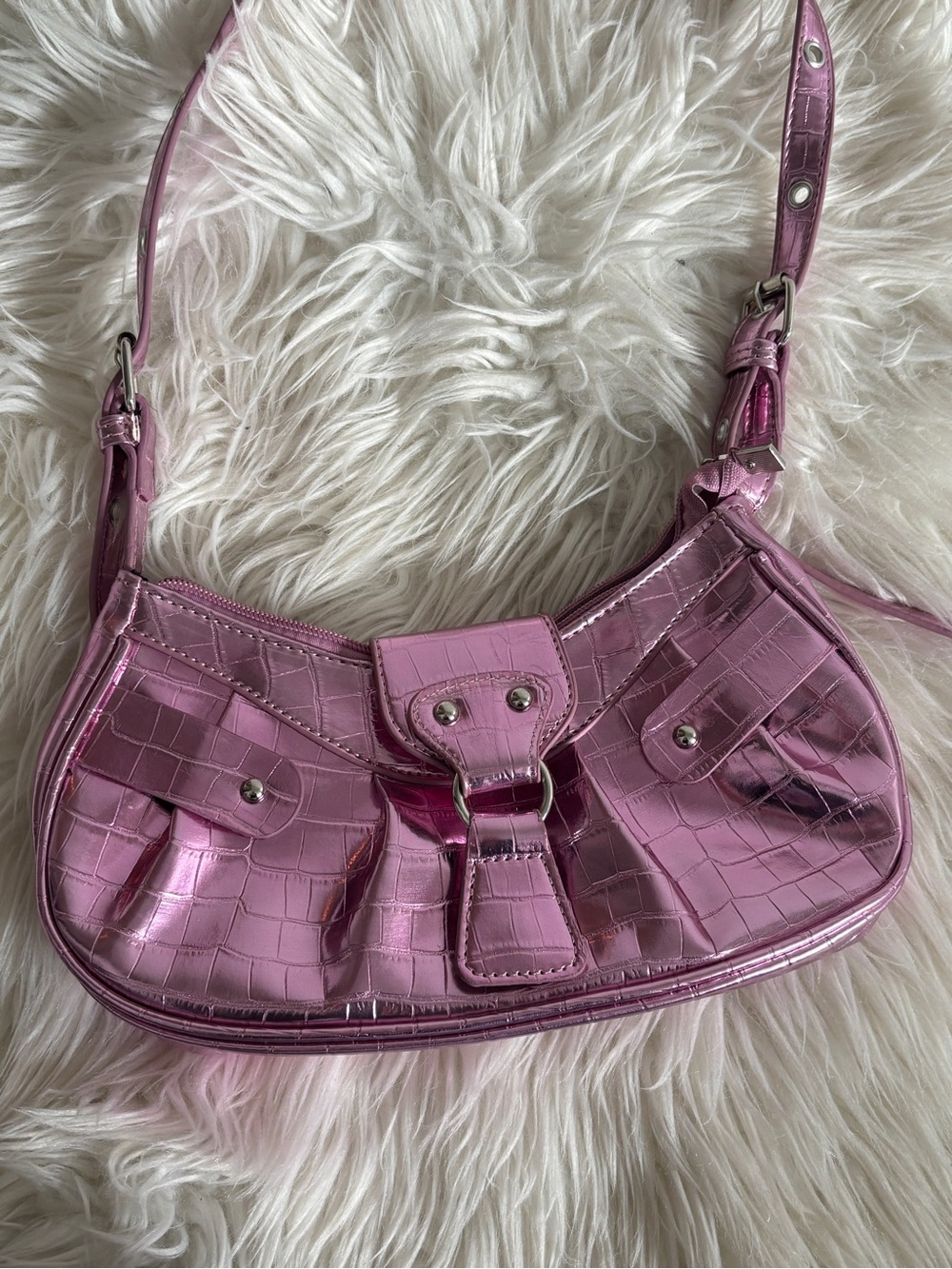 Metallic Pink Croc-Embossed Shoulder Bag - Picture 2 of 6